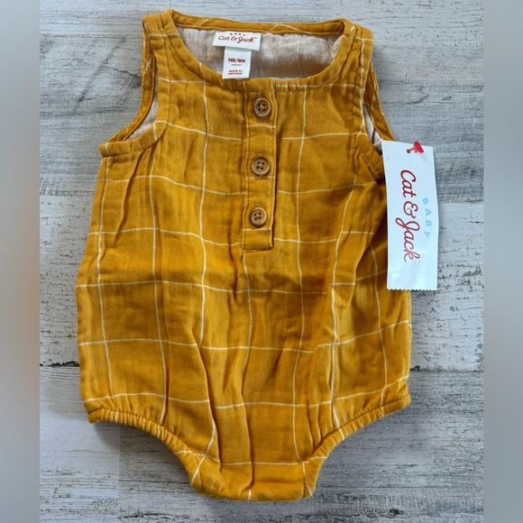 Cat & Jack Plaid Baby Rompers - Mustard and Navy - Picture 2 of 6